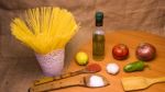 Italian Food Cooking Ingredients. Pasta, Vegetables, Spices Stock Photo