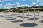 Parasols At Liscia Ruja Beach In Sardinia Stock Photo