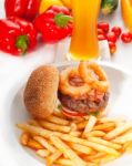 Classic Hamburger Sandwich And Fries Stock Photo