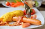 Breakfast Sausage,omelet,tomato And Bacon Stock Photo