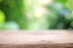 Outdoor Wooden Table View Stock Photo