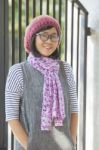 Portrait Of 40s Years Asian Woman Wearing Wool Hood And Silk Scarf Toothy Smiling With Happiness Emotion Stock Photo