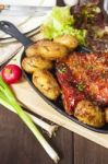 Bacon Rib And Potatoes. Farmhouse Style Meal Stock Photo