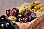 Variety Of Green, Black And Mixed Marinated Olives Stock Photo