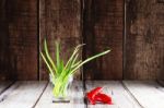 Green Onions And Red Hot Chili Peppers In Glass Of Water Stock Photo