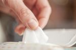 Hand Picked A Wet Wipes In Package Box, Wet Wipes In A Woman's H Stock Photo