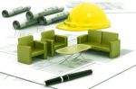 Modern Furniture Set On Blueprint Stock Photo