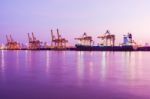 Early Morning Twilight At Industrial Cargo Harbour Stock Photo