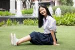 Portrait Of Thai High School Student Uniform Teen Beautiful Girl Happy And Relax, Stock Photo