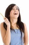 Laughing Female With Pencil Stock Photo