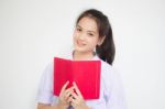 Asia Thai High School Student Uniform Beautiful Girl Read A Book Stock Photo