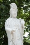 Kuan Yin Marble Sculpture Under Green Bamboo Background Stock Photo