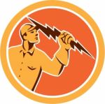 Electrician Holding Lightning Bolt Circle Retro Stock Photo