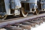 Beautiful Background With The Old Train Wheels And The Road Stock Photo