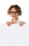 Aged lady Behind Blank White Banner Stock Photo