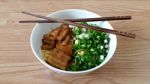 Egg Noodle With Steam Pork Belly Stock Photo