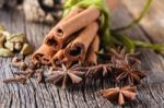 Mulled Wine Recipe, Spices On Wooden Background Stock Photo