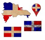 Grunge Dominican Flag, Map And Map Pointers Stock Photo