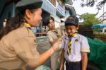 Student 9-10 Years Old, Welcome To Boy Scout Camp In Bangkok Thailand Stock Photo