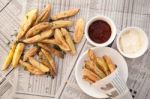 Fries French Ketchup Mayonnaise Herb Still Life Stock Photo