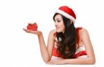 Santa Woman  Holding A Gift Box Stock Photo