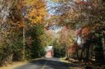 Autumn Bucks County, Pa Foliage -road With Yellow And Orange Trees, Barn, & Rock Wall With Pumpkins Stock Photo