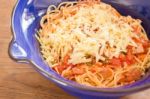 Italian Pasta With Ham, Tomato And Champignon Mushrooms Stock Photo