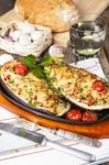 Aubergine Stuffed With Vegetables And Cheese Stock Photo