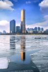 Ice Of Han River And Cityscape In Winter,sunset In Seoul, South Korea Stock Photo