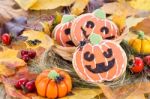 Halloween Decor Pumpkin Cookies Stock Photo