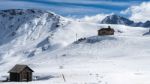 View Of A Chapel In The Dolomites At The Pordoi Pass Stock Photo