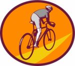 Cyclist Riding Bicycle Cycling Oval Woodcut Stock Photo