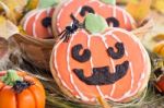 Halloween Decor Pumpkin Cookies Stock Photo