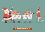 Santa Claus And Santa Woman Are Purchasing A Piles Of Presents Stock Photo