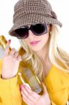 Fashion Lady Holding Wine Bottle Stock Photo