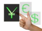 Hand touching yuan symbol Stock Photo