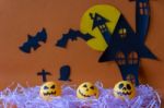 Happy Halloween With Haunted House Castle And Moon And Pumpkin A Stock Photo