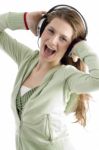 Lady Shouting While Listening Music Stock Photo