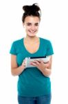 Young Lady Holding Tablet Pc Stock Photo