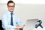 Handsome Corporate Male Tying On Laptop Stock Photo