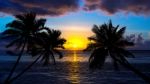 Tropical Beach On Sunset With Silhouette Palm Trees Stock Photo