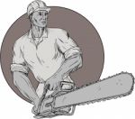 Lumberjack Arborist Holding Chainsaw Oval Drawing Stock Photo