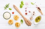 Ingredients For Homemade Pasta On Wooden Background Stock Photo