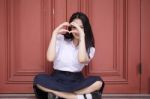 Portrait Of Thai High School Student Uniform Teen Beautiful Girl Happy And Relax, Stock Photo