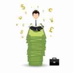 Businessman Happy Sitting In Lotus Posture On Money Stock Photo