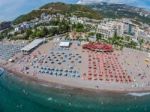 Aerial View Of Becici Beach In Budva Town, Montenegro Stock Photo