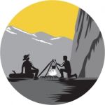 Campers Sitting Cooking Campfire Circle Woodcut Stock Photo
