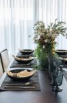 Table Set In Luxury Dinning Room Stock Photo