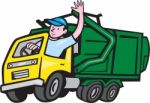 Garbage Truck Driver Waving Cartoon Stock Photo