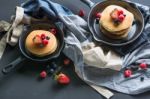 Pancakes With Blueberries  & Raspberry On Wood Background Stock Photo